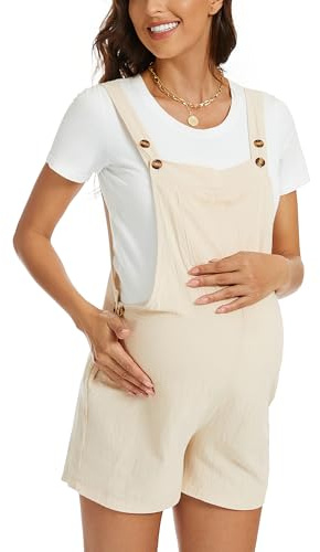 FEOYA Hängselbyxor graviditet kort damer mammajumpsuit lös bomull overaller sommar, Beige, M