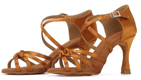 Syrads Zapatos de Baile Latino de salón para Mujer Salsa Tango Bachata Zapatos,Marrón 9cm Heel,38 EU Size