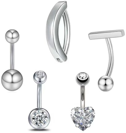 KQOZG 5 piezas Piercing de ombligo quirúrgico, Piercings para Mujeres, 14G Piercing Ombligo Acero Quirúrgico, Clicker Chapados Piercing Ombligo (10mm) (Plata)