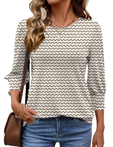 IECCP Hauts pour femmes Manches 3/4 Tunique Dames Blouses Col rond T-shirts Robes Mode Manches froncées Chemises Blouses, rayé, 48-50