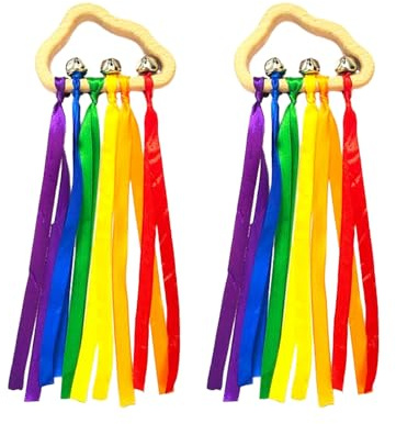 2 pièces Arc-en-Ciel en Bois Ruban Anneau Jouets,avec rubans arc-en-ciel et grelots Ruban Vent Danse Ruban Streamer Apprentissage pour Jeux Sensoriels et Exercices de Ramper.