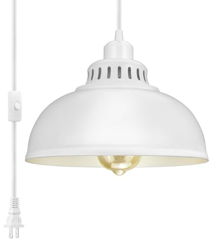 SoodMi Plug in Pendant Light, 15FT Hanging Lights with Plug in Cord, On/Off Switch, Industrial Pendant Light with Plug in Cord, Metal Hanging Lamps for Living Room, Kitchen Big White