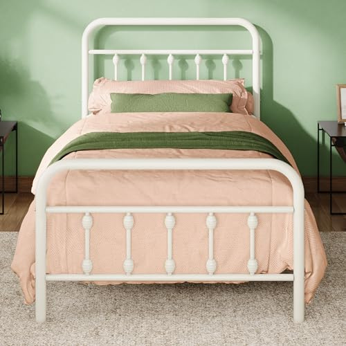 Allewie 14 Inches Twin Size Metal Platform Bed Frame, Off White