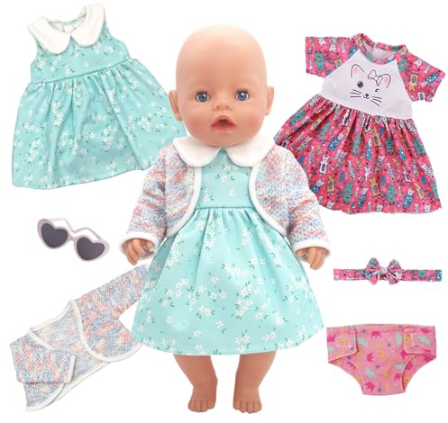 Baby Dolls Clothes, 2 Set Doll Clothes Dress for 14-18 Inch Dolls, Pink Skirt Coat Blue Dress Doll Nappy Sunglasses Headband, 35-45cm Sweet Doll Outfit Accessories for Baby Girls Doll Gift (No Doll)