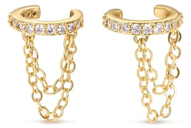 BodyBonita Orecchini a Cerchio a Clip per Donne - 1 Paio di Finto Piercing Orecchio per Trago Elice e Cartilagine senza Fori con Catena in Zirconia Cubica, Placcato Oro 16K