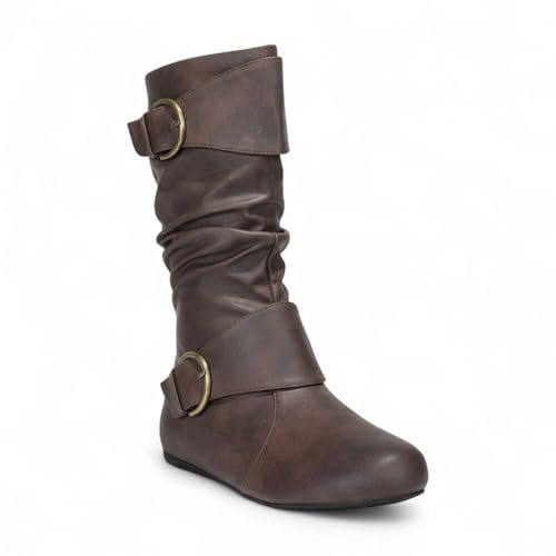 Women Round Toe Buckle w/Side Zip Slouch Flat to Low Heel Mid-Calf Boots, Brown Pu, 8