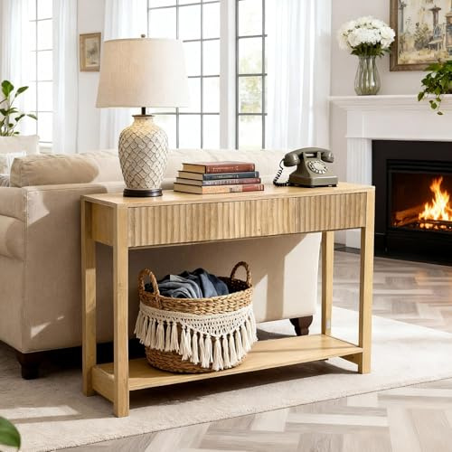 VEVOR Konsolentisch Beistelltisch mit Schubladen & Ablagefach, schmaler rechteckiger Eingangstisch aus MDF + Spanplatte für Flur Schlafzimmer Wohnzimmer Foyer, Flurtisch 120 x 30 x 80 cm Naturholz