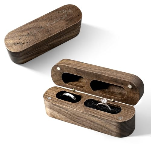 Wood Ring Box Rustic Vintage Wooden Engraved Box Storage Rings Earrings Cufflinks Jewelry Ring Holder Box for Wedding Ceremony Engagement Proposal Anniversary Birthday Gift (Circle 2 Slots)