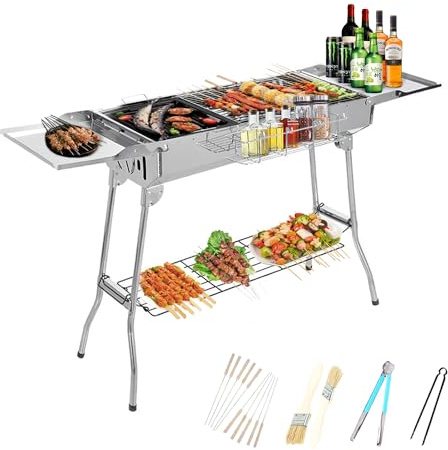 Barbacoa de carbón vegetal de acero inoxidable XXL barbacoa plegable Camping Grill Barbacoa plegable Barbacoa de carbón Barbacoa de picnic de dos capas con accesorios completos para camping jardín
