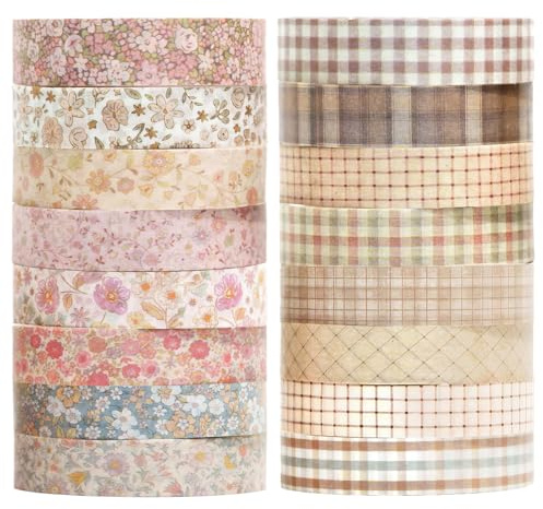 KEORHEZ 16 Rotoli Di Washi Tape, Nastro Adesivo Decorativo, Nastro Di Carta Retrò, Con Motivi A Scacchi E Floreali, Perfetti Per Decorare Diari, Agende E Album