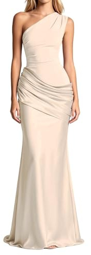 Générique Robe de Soirée Longue Asymétrique à Épaules Élégante Robes Bodycon sans Manches Maxirobes pour Un Bal de Prom Mariage Demoiselle Couleur Unie Robes Cocktail Formelle Party (2-Beige, L)