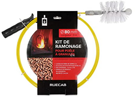 RUECAB - Kit de ramonage pour poêle à pellets Ø80mm 3m, flexible,canne fibre de verre avec filetage M12 X 1,75MM - Ecouvillons poils synthétiques 80mm - Spécial poêles granulés