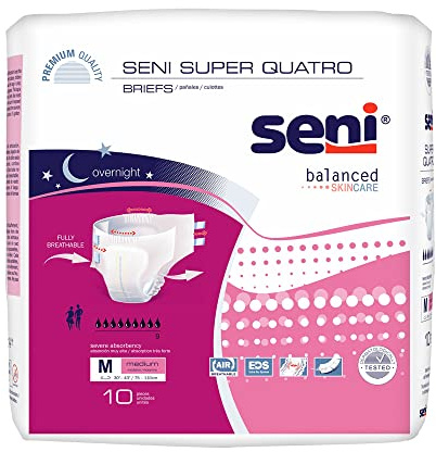 Seni Super Quatro Unisex Adult Incontinence Briefs with Tabs, Size Medium (30-43), 40 Count (4 Packs of 10), Severe Absorbency, Disposable Overnight Briefs for Men & Women