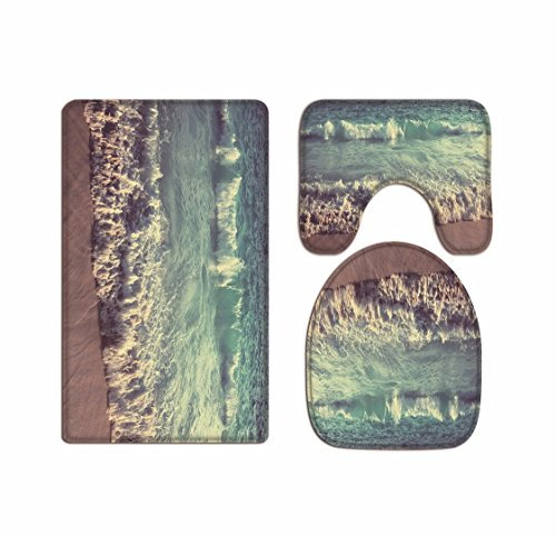 A.Monamour Badezimmer Badematte 3 Teilig Set Ocean Beach Wolkenloser Himmel Seaside Nature Toiletten Deckel Abdeckungen Flanell Saugfähig Badteppiche Badvorleger Badgarnitur WC Vorleger