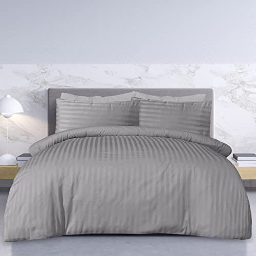 Sleepdown Premium Hotel Quality Satin Stripe Duvet Cover Set with Pillowcases Quilt Bedding Soft Easy Care Luxury Bed Linen - Grey - King (230cm x 220cm)