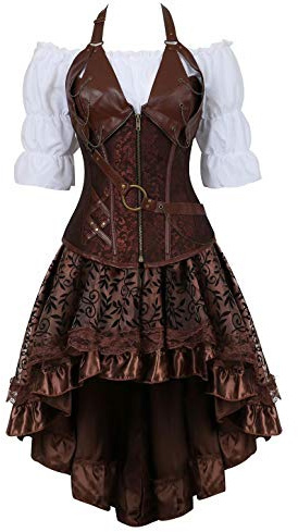 Josamogre Corset Steampunk Mujer Bustier Sexy gotico Pirata Cuero Falda Tutú Vestidos Blusa Fiesta Marrón L