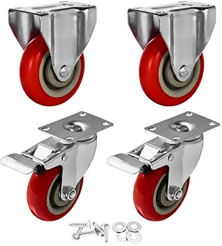 FactorDuty 4 PCS 100mm up to 540KG, Heavy Duty Red PU Castor Wheels, 2 Rigid Fixed + 2 Swivel With Brake for DIY, Furniture Trolley Wheels with Double Ball Bearings, Caster Wheel with Screws