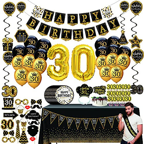 30 geburtstag deko frauen männer - (76pack) schwarzes Gold party Banner, Wimpel, Spiral Girlanden, ballons, Tischdecken, Cupcake Topper, Krone, Pappteller, Foto Requisiten, Geburtstag Schärpe