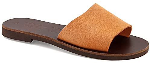 Emmanuela Sandali in pelle piatta a mano greco, sandali semplici di qualità, scarpe estive per donne, sandali a fianco con dita aperte, Marrone chiaro, 36 EU
