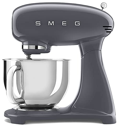 Smeg SMF03GRUK Full Colour Stand Mixer, Retro 50's Style with 4.8L Stainless Steel Bowl, Safety Lock, 10 Variable Speeds, 800W, Grey