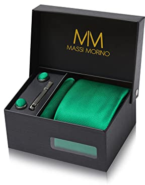 Massi Morino Krawatte Grün mit Einstecktuch Set Herren inkl. Manschettenknöpfe, Krawattennadel und Geschenkbox | Männer Krawattenset zur Hochzeit