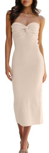 LILLUSORY Women Y2K Sexy Strapless Ribbed Knit Long Sweater Dress Twist Knot Front Tube Bodycon Maxi Dresses, Apricot, Medium
