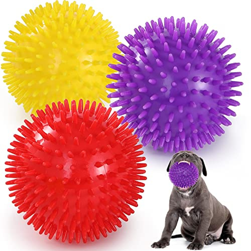 VITEVER 3 Colors 4.5” Heavy Duty Squeaky Dog Toy Balls for Medium Large Dogs, Dog Chew Toys for Teething, Spiky Balls for Aggressive Chewers, Durable Toys for Teeth Cleaning and Training