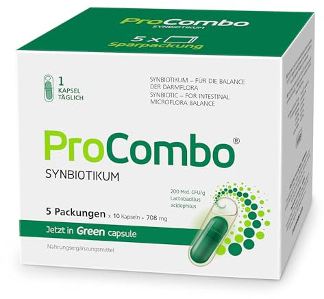 ProCombo – das smarte Synbiotikum mit gezielter Ausrichtung der guten Bakterien. Doppelkapsel und flüssige Formel für schnelle Ergebnisse. 1 Kapsel pro Tag. Laborgeprüft (5er Pack)