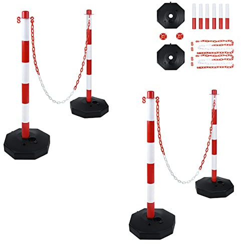 SUBTLETY Lot de 4 Poteau de Délimitation Poteau à Chaîne en Plastique Kit de Poteaux de Barrage avec 2X 1,4m de Chaînes en Plastique pour Entrées Garages Portails (82 x 28 x 28 cm, Rouge + Blanc)