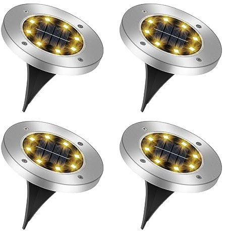 4 Pezzi Luci Solari Giardino Esterno, 8 LEDs Faretti Led Solari Luce Sepolta IP65 Impermeabile, Bianco Caldo Lampade Solari da Esterno da Terra per Prato, Vialetto, Scala, Paesaggio