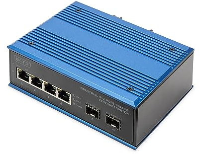 DIGITUS Network switch - 6-port Gigabit Ethernet - 4x RJ45 + 2x SFP - IP40 - 10/100/1000 Mbit/s - DIN rail mounting - Industrial series - black/blue