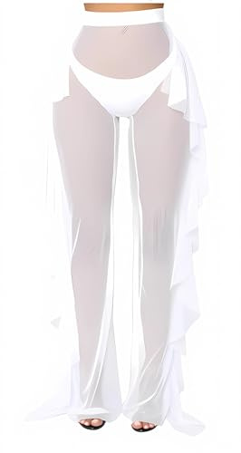 Pantalons longs pour femmes, bas amples en maille transparente, pantalons à volants taille haute élastiques à jambes larges, pantalons de plage transparents, pantalons évasés transparents sexy