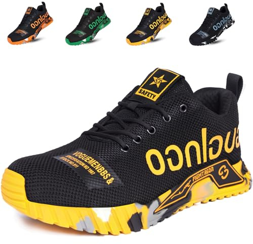 artSew Chaussures de Sécurité Homme Femme Léger,Protection en Acier Semelle Kevlar Anti-Perforation, Respirante Antidérapant, pour Chantier/Usine/Entrepôt (Jaune 45)