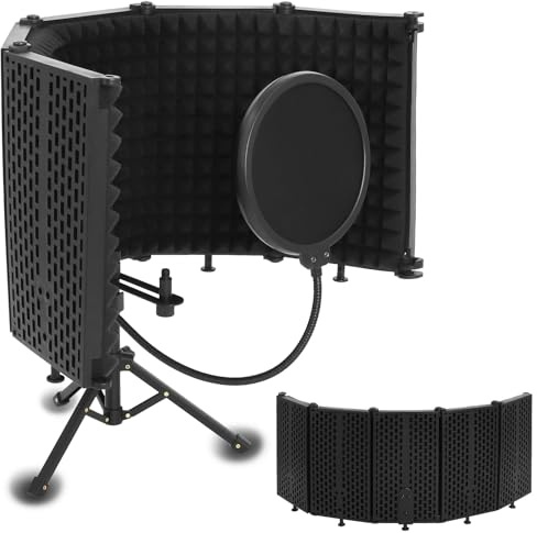 Microphone Isolation Shield, 5-Fold Adjustable Portable Reflection Filter with Tripod Stand & Pop Filter for Home Studio, Podcasting, Streaming, Fits Most Condenser Microphones