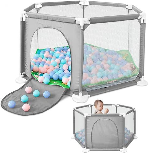 JUPPLIES Parque Infantil Bebe 127x127cm Hexagonal – Corralito Bebe con Malla Transpirable – Parque de Juegos Bebe con Puerta Lateral – Playpen Bebe sin Pelotas