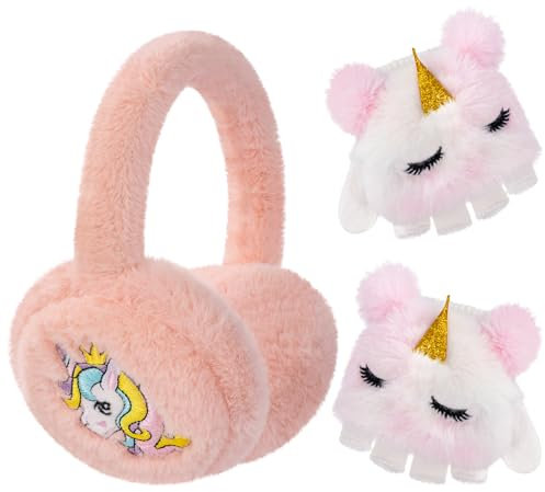 BTHRORO Ohrenwärmer Kinder Mit Handschuhen, Süße Einhorn Plüsch Ohrenschützer Weiche Winter Thermohandschuhe, Winter Verstellbare Ohrschützer Winter Accessoire Winterzubehör Winterset