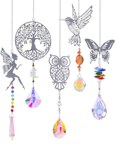 5 pièces Attrape-Soleil en Cristal, Décoration de Fenêtre, Pendentifs en Forme d'arbre, Hiboux, Colibri, Papillon et Fée, Capteurs de Soleil pour Jardin et Maison, Déco Élégante et Brillante