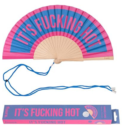 FISURA – Ventaglio in legno con messaggio “f*cking hot”. Accessorio moderno e vivace, ventaglio portatile nei toni blu e rosa con gancio incluso. Dimensioni: 42,5 x 23 cm