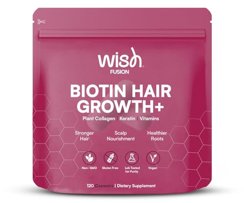 Wish Fusion Biotin Hair Growth Supplement with Plant Collagen & Keratin, Reduce Hair Loss, Strengthen Roots, Boost Shine, Hair Skin & Nails Vitamins for Women & Men, 120 Vegan Capsules, UK Made