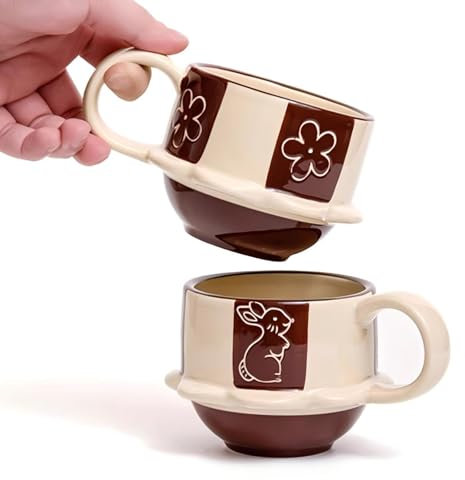 Tazas de café de cerámica, diseño de flores y conejos, ideales para leche, jugo, latte, té caliente, capuchino, moca, 8.5 onzas