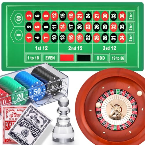 NEWTRY Roulette Wheel Set with 11” Roulette Wheel, Rubber Tabletop Layout Mat (47.2 x 23.6”), Poker Chips (100 pcs), Winner Marker, Playing Cards (2 Deck) Ideal for Party Game Night