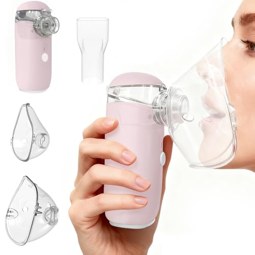 Nebulizador bebe & adultos, Nebulizador portatil para uso doméstico y de viaje con 2 mascarillas y boquilla, nebulizador niños y adultos con función de carga（Rosa）