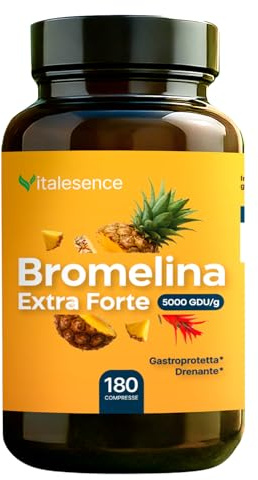Bromelina Extra Forte 5000 GDU/g – 180 Compresse- 3 mesi di fornitura | Gastroprotetta & Drenante | Da Gambo d’Ananas | Alta Potenza Senza Glutine e Lattosio | Integratore Naturale Made in Italy