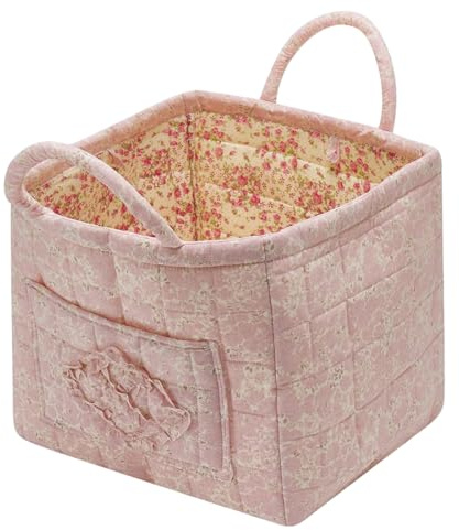 Ruispeed Quilted Fabric Storage Basket With Handles & Pocket, Foldable Laundry Hamper Boho Floral Print Organizer Bin For Home, Picnic, Office 12X10X10 (A-4)