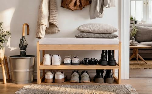 Zedelmaier Schuhbank aus Bambus mit Sitzfläche & Polster, Sitzbank mit Stauraum, Schuhregal mit Sitzfläche, Schuhregal mit 2 Ebenen für Flur, Eingang 76 x 32 x 46,5 cm