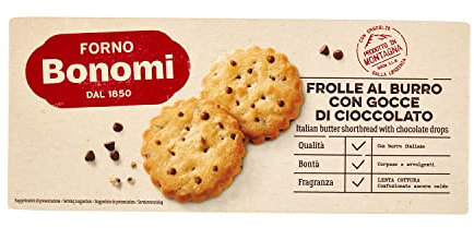 Forno Bonomi Frolle al burro con gocce di cioccolato. Frollini al burro con gocce di cioccolato ideali per uno spuntino gustoso. Provali con il latte o con il caffè. Confezione da 150g