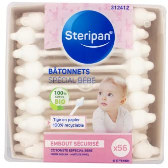 Steripan - Bâtonnets Spécial Bébé - Embout Sécurisé - Tige en Papier Recyclable - 100% Coton Bio - x56