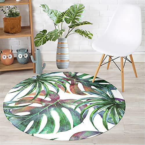 Chickwin Teppich Rund rutschfest, Tropisch Stil Teppiche für Wohnzimmer Moderne Groß Flanell Flauschig Weich Fußmatte Waschbar für Schlafzimmer Kinderzimmer (Monstera-Blätter,Durchmesser 120cm)
