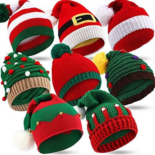 8 st tomteluvor vuxen jul vinter stickad virkad mössa vinter julmössor med pom pom pom älva hatt semester stickad mössa (ljus stil)