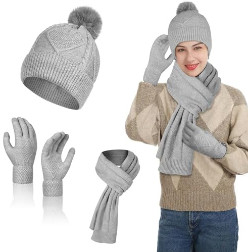 Flintronic Women's Winter Set - Knitted Pom Hat, Long Scarf & Touch Screen Gloves for Outdoor Sports - Grey